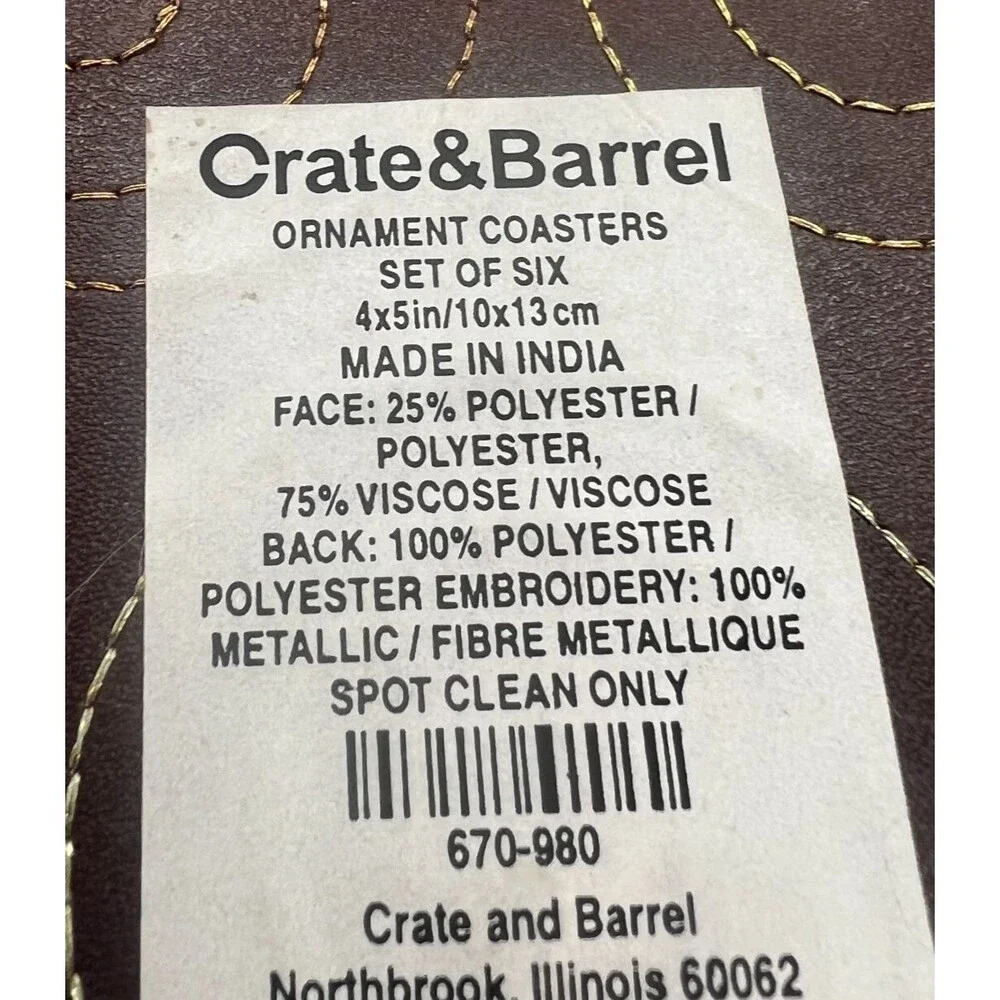 Crate & Barrel Drink Coaster Set of 4 100% Cotton 6